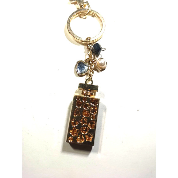 Faux Perfume Bottle Rhinestone Keychain Rose Gold Tone Heart Pearl Purse Clip - Picture 6 of 6